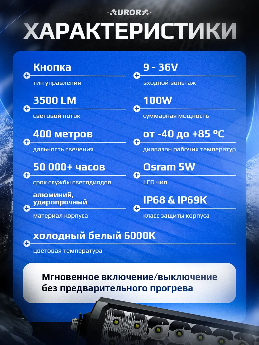 СВЕТОДИОДНАЯ БАЛКА 10" ДВУХРЯДНАЯ КОМБИНИРОВАННОГО СВЕТА AURORA D6D